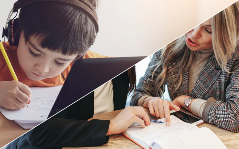 Split Image of A Child Learning From Home, and An Adult Learning At An Office